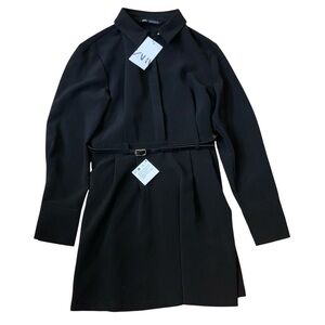 Zara Classic Black Belted Shirt Dress Large NWT with defect